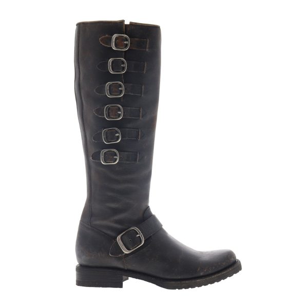 Frye Veronica Belted Tall 70583 Womens Black Leather Zipper Knee High Boots on Sale