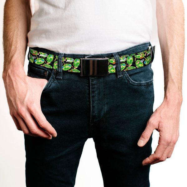 Black Buckle Web Belt - Rick and Morty Portal Multi Character Scattered Black Green Webbing For Discount - Image 2