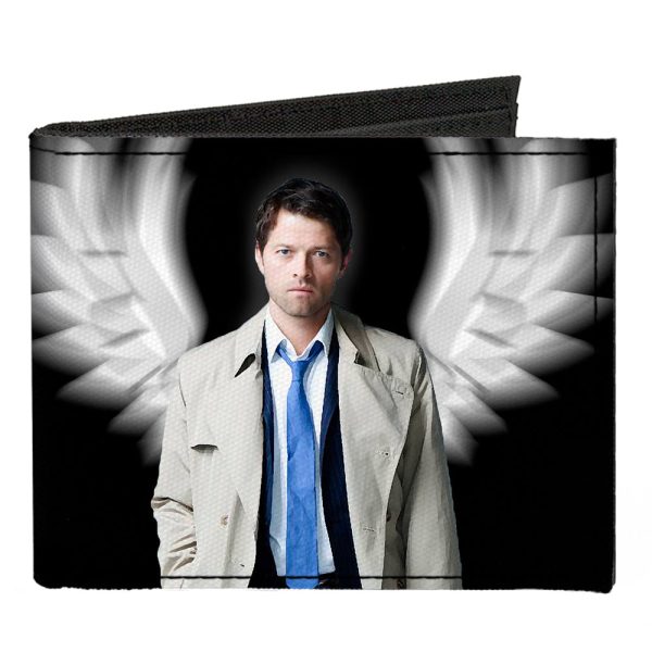 Canvas Bi-Fold Wallet - SUPERNATURAL Castiel Angel Wings Pose + Logo Black White Fashion