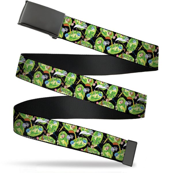 Black Buckle Web Belt - Rick and Morty Portal Multi Character Scattered Black Green Webbing For Discount